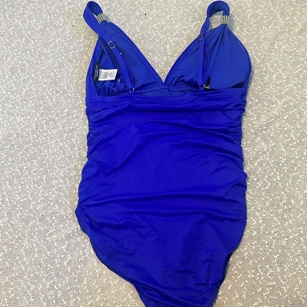 CARMEN MARC VALVO Bright Blue One Piece Swimsuit Deep V Ruched Slimming 12